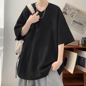 Summer V-Neck Ice Silk Loose Short Sleeve T-Shirt Mens Fashion Brand Cleanfit American Style Top Cotton 100% Solid Color