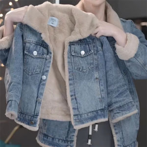 Winter Plus Velvet Jacket Children Thick Denim Coats Kids Casual Thermal Comfortable Outerwear Girls Loose Warm Clothes 4-12Y