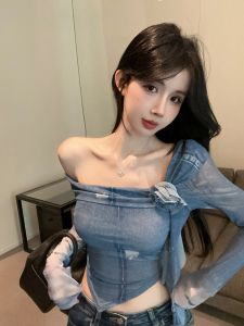 GUZILIAN | Blue Dye Flower Decoration Off-Shoulder T-Shirt Slimming Fitted Long Sleeve