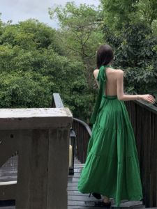 French Style Side Slit Backless Belted Dress Vacation Sensual Beachside High Waist Long Skirt Cotton Polyester Summer Gown