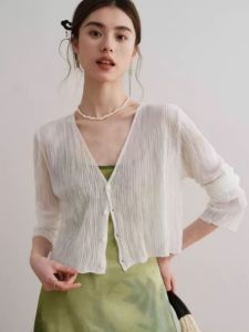 น้ําแข็ง ผ้าไหม ถักป้องกันแสงแดด คาร์ดิเกน แจ๊กเก็ตแบบบาง ผู้หญิง ผ้าคลุมไหล่ ฤดูร้อน เชือกแขวนคอที่ตรงกัน เดรส ปกปิดเชียร์ เสื้อท่อนบน