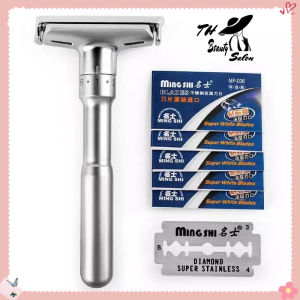 TH Beauty Salon มีดโกนหนวด ปรับได้ 6 ระดับ ทรงคลาสสิค ฟรี ใบมีด 5 ใบ (เงิน)