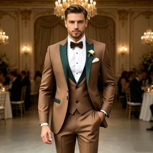 Smart Casual Brown 3 Piece Men Suits Fashion Single Breasted Peak Lapel Wedding Blazer Vest Pants Set Party Formal Men Clothing