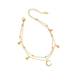2 Layers Star Moon Diamond Charm Silver Anklet • Waterproof Non Tarnish Jewelry • 18K Gold Plated 316L Stainless Titanium Steel Anklets Foot Wear for Women AK008Solis Jewelry