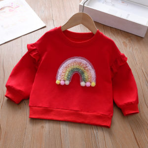 Spring Fashionable Long Sleeve Girls Sweatshirt Baby Base Layer Top Thin Shirt Rainbow Pattern Cotton Polyester Blend