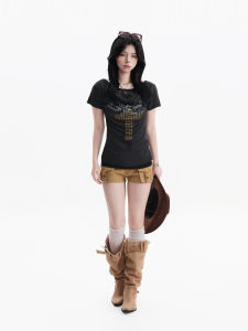 zuocisankon | Cross Print Rivet Lace Camisole Slim Fit T-shirt