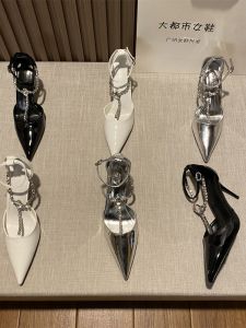 Giày Cao Gót Đính Đá Rhinestone Hở Mũi Hở Mũi Thời Trang Mùa Hè Cho Nữ Giày Cao Gót Mũi Vuông Giày Cao Gót Hở Mũi