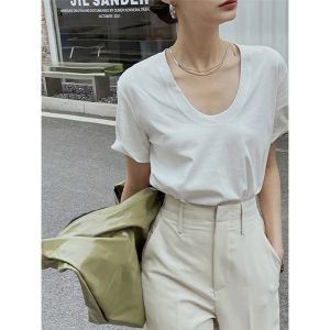 Hong Kong Style U Collar Minimalist White T-shirt Womens Summer Loose Leisure Slimming off-Shoulder Top All-Matching Base Short Sleeve Fashion