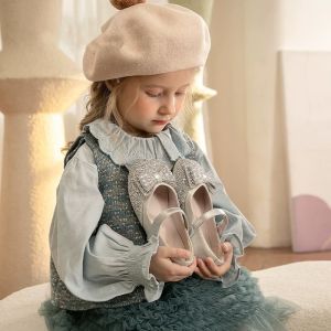 BIZOT Spring girls dress shoes Beauty Round Toe Teen Girl Leather Shoes Bling Princess Wedding Shoes