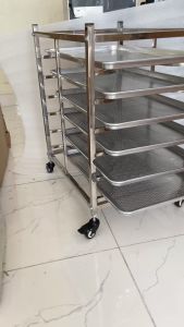 Combo xe hong bánh 6 tầng có khoá bánh xe + khay nướng bánh 40x60cm SGE chất liệu inox dày dặn