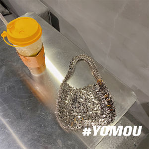 YOMOU Sparkling Retro Sequins Handbag Silver Metal Dumpling Shape Handwoven Beaded Purse for Women Fashionable Mobile Phone Bag