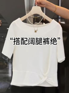 Summer New Womens Slim Fit Short Sleeve T-Shirt Asymmetric Base Shirt Korean Style Casual Pure Color Top Design Sense