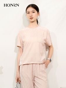เสื้อยืดไหมพิมพ์ลายฤดูร้อนสำหรับผู้หญิง HONRN ทรงหลวม คอกลม แขนสั้น ผ้าไหมมัลเบอร์รี่ ทรงหลวม แขนสั้น คอกลม เสื้อยืดผู้หญิง