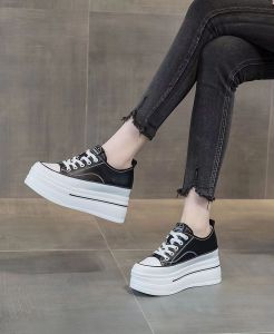 รองเท้าผ้าใบพื้นหนาสำหรับผู้หญิง ทรงหัวมน ส้นสูงแบบสวมหัว รองเท้าลำลองสไตล์เกาหลี ทรงหัวมน พื้นรองเท้า PU