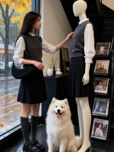 Gray Knitted Shirt Winter Outerwear round Neck Vest Layering College Style Slim Fit Top Commute Pure Color JJ1421