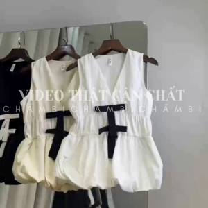 [XẢ HÀNG] Áo sơ mi nữ A.753 Áo sơ mi cổ xẻ phối 2 nơ dọc thân 2 hàng chun sát nách dáng bí dễ thương - Shop Chấm Bi