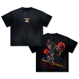 Bandai | ONE PIECE Mens and Womens Washed T-Shirt Summer and Spring Anime Monkey D. Luffy Tee Retro Distressed Y2k Trendy Short Sleeve