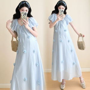 Elegant Maternity Dress V-Neck 3D Flower Long Skirt
