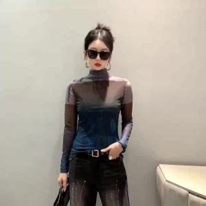 AMMIN 2024 Autumn new simple round neck fashion positioning smudged-color matching printed long sleeve T-shirt woman Korean style r half high neck plus size elegant blouse