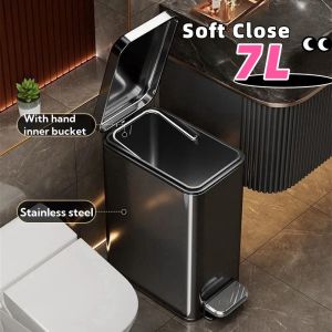7L Stainless Square Trash Bin Can with Pedal for Room Office Kitchen Soft Close Garbage Bin