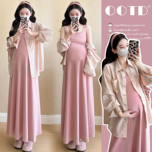 Trendy Slimming V-neck Dress and Sun-Protective Shirt Set for Pregnant Women