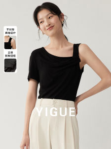 Yigue Summer New Asymmetric Shoulder Sleeve T-Shirt Women Loose Knot Top Comfortable Breathable Lightweight round Neck Tank