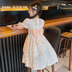 ชุดเดรสเด็กผู้หญิง ทรงเอ ลายดอกไม้ ฤดูร้อน ปี 2023 ชุดเดรสเจ้าหญิงพร้อมโบว์ผูก แฟชั่นสำหรับเด็กผู้หญิงวัยเตาะแตะ