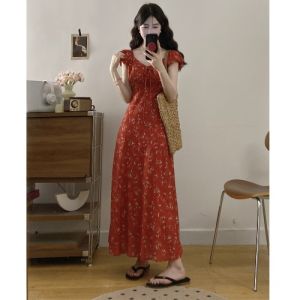 AIYITI | French Tea Break Style Red Floral Dress Women Summer Plus Size Beautiful Waist Cinched Belly Concealing Short Sleeve Long Dress