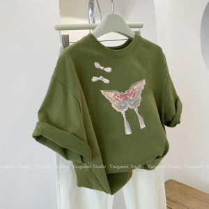 Taoxi Green National Style Heavy Industry Pure Cotton Short Sleeve T-Shirt Womens Summer 2024 New Arrival New Chinese Style Buckle T-shirt Top