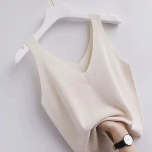 Ice Silk Knitted Double V-Neck Strap Vest Summer Thin Sleeveless Top Womens Fashion Slimming Korean Style Inner Wear