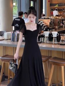 Summer 2025 Hepburn Style Black Mini Dress Slimming Square Neck Long Skirt Womens Fashion Chiffon Dress Polyester Fiber A-Line Skirt Short Sleeve Zipper Closure