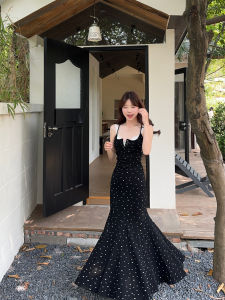 Kumikumi Summer Lace Halter Dress Womens Sweet Sister Style A-Line Long Dress Knitted Fabric No Sleeve Gathered Waist Korean Version