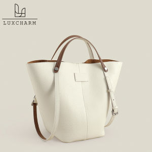 Luxcharm Top Layer Cowhide Leather Bucket Bag Womens Large Capacity Handbag Underarm Mother-Child Bag Casual Style Fashion