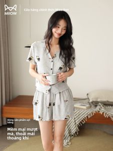 Bộ ngủ nữ MiiOW Cat Person bằng lụa tay ngắn quần dài in gấu dễ thương - mùa hè