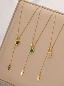 Green Titanium Steel Zirconia Drawstring Necklace Womens Fashionable Choker Style Sweater Chain Accessory Fresh Outburst