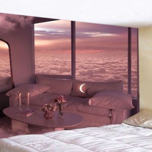 VIKAMA Cloud Crescent Tapestry Pink Purple Cloud Sea Dreamy Sofa Bent Moon Background Cloth Warm Tapestry Room Decoration