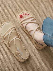 Soft Bottom Roman Sandals Womens Casual Beach Shoes Cross Buckle Low Heel PU Material Comfortable Summer Fairy Style Sandals