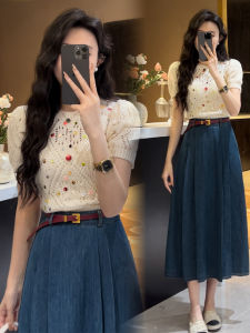 ชุดเสื้อแขนสั้นถักสีน้ำตาลอ่อนสไตล์เกาหลีสำหรับผู้หญิง ชุดสองชิ้น ฤดูใบไม้ผลิและฤดูใบไม้ร่วง ชุดทำงาน ชุดทำงาน