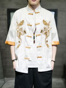 New Chinese Style Chinese Frog Tang Suit Chinese Style Summer Performance Red Wedding Brothers Group Half Length Short Sleeve Ice Silk Han Chinese Clothing for Men