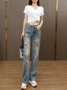 Quần Jeans Denim Ống Thẳng Cạp Cao Thêu Mùa Xuân Hè Quần Ống Rộng Ôm Dáng Mỏng Cho Nữ Quần Dài Thường Ngày
