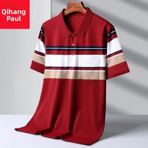 Loose Fit Cotton Polo Shirt Short Sleeve Striped T-Shirt for Middle-Aged And Elderly Men Summer Fashion Casual Business Wear