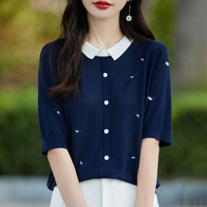 DONGYINUAN | Collar Color-block Short Sleeve Thin Tencel Top