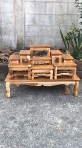 HOMEMAISAK โต๊ะหมู่บูชา (ไม้สักแท้) หมู่ 9 หน้า 4 รวมฐาน เคลือบสีใสธรรมชาติ ขนาด กว้าง 34 ซม. ยาว 65 ซม. สูง 43 ซม.