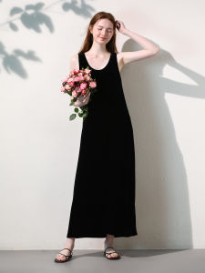 Miccbeirn | Elegant Long Sleeveless Velvet Dress Silk Chiffon U-neck Gown Luxury Spring New Style Black Strap Dress For Women