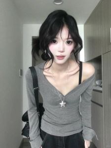 American Style Long Sleeve V-Neck T-Shirt Women Early Autumn Gray Base Shirt Slimming Effect High Waist Top for Teen Girls