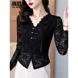 New Chinese Style V-Neck Lace Base Shirt Womens T-Shirt Slim Fit Button up Top Korean Version Pure Color Long Sleeve