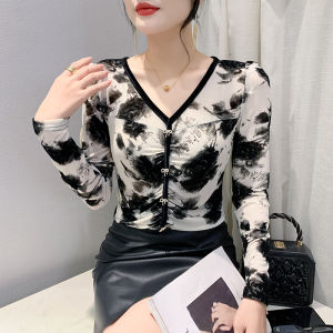 Yimei thời trang Bow v-cổ lưới in xếp li hàng đầu phụ nữ xinh đẹp của mặc 2023 mới dài tay mùa thu đổ xô Áo sơ mi mặc trong