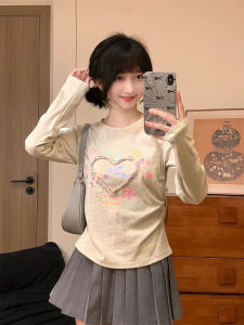 Áo Thun Nữ Tay Dài in Chữ Thắt Nút Bướm Màu Sắc Mùa Thu Cotton Co Giãn Cổ Tròn Dáng Ôm Vừa Vặn Ngắn