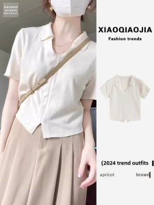 Summer White V-Neck Short Sleeve Polo Shirt French Elegance Slimming Design Womens Top Korean Style Loose Fit Pure Color T-Shirt