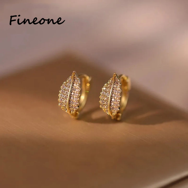 Temperament Leaf Inlay Crystal Hoop Earrings for Women Girl Korean